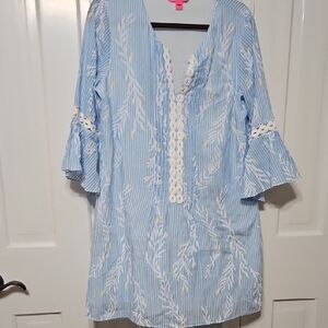 Blue and White Striped Tunic with Lace Trim